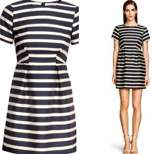 H&M Women’s Navy Blue White Striped Short Sleeve Fit Flare Dress Size 10